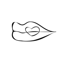 Heart icon on lips. Black and white vector illustration. Isolated on a white background.