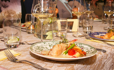gala dinner in the restaurant, second course, meat with potatoes