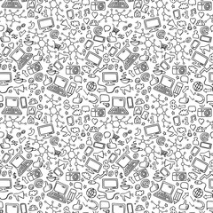 Social media doodle seamless pattern. Network hand drawn icons on white background. Vector illustration.