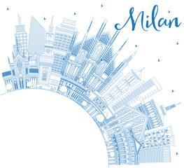 Outline Milan Italy City Skyline with Blue Buildings and Copy Space.