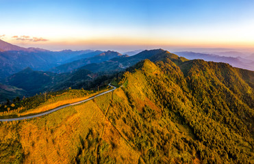 Aerial view of Bac Yen valley from Ta Xua, Bac Yen, Son La, Vietnam, Beautiful sunset on the mountain.