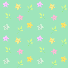 Seamless vector abstract pattern of small daylily flowers in different colors and leaves arranged randomly on a light green background. Made in the flat style, perfect for scrapbooking.