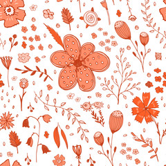 Floral handdrawn sketch seamless pattern. Pattern with different flowers on the white background.Great for fabrics, wallpaper,packaging.Poppy, cornflower, forget-me-not