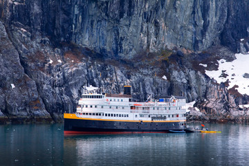 Cruise liner moored in the Gulf of Glacier Bay National Park, Alaska
