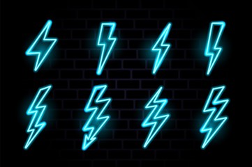 Neon bolt. Electric lighting sign. Light power thunder icon. Glow vector energy illustration.