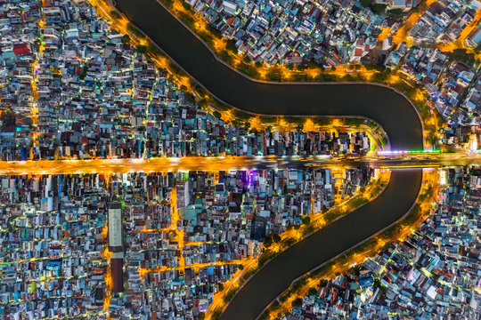 Top view aerial of Kieu bridge, Ho Chi Minh City with development buildings, transportation, energy power infrastructure. Hai Ba Trung and Phan Dinh Phung street