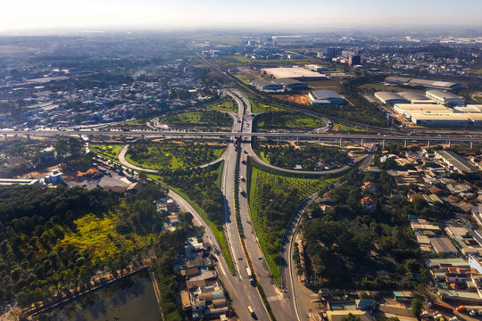 Top view aerial of " Tram 2 " overpass, intersection of 1A national road with Hanoi highway. Ho Chi Minh City, Vietnam. View from Thu Duc district to district 9