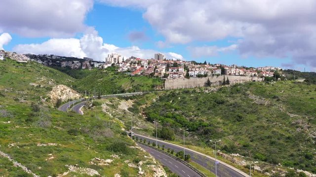 Corona Virus lockdown, Haifa Freud mountain road connecting the city lower west area to Central Carmel, with no traffic due to government guidelines, Aerial view.