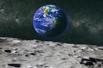 Moon limb with Earth rising on the horizon.Earth rises above lunar horizon. Elements of this image...