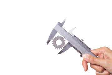 close up hand of woman use vernier to measure gear on white background, engineering and industry equipment concept
