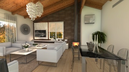 SALON COMEDOR CASA DE CAMPO ESTILO CLASICO . RENDER 3D 