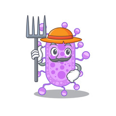 Cartoon character design of mycobacterium as a Farmer with hat and pitchfork