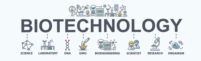 Biotechnology banner web icon for, innovation, science, laboratory, chemical, dna, GMO, bioengineering, research and organism. Minimal flat cartoon vector infographic.