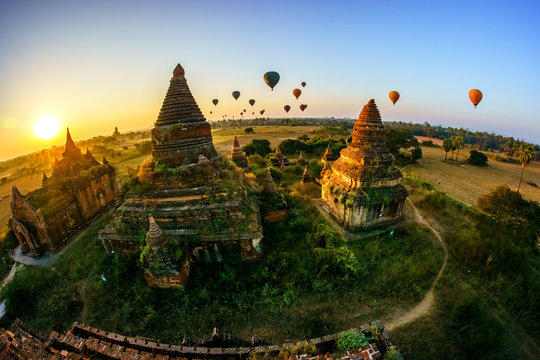 Royalty high quality free stock image aerial view of Bagan, Myanmar temples in the Archaeological Zone.