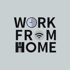WFH001. WORK FROM HOME Quote simple design. With details added with Clock, Wifi icon, House. Square proportion, isolated on plain background.