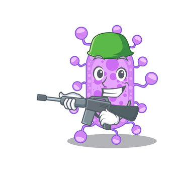A cartoon picture of mycobacterium in Army style with machine gun