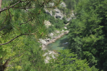 The bridge on the Tara River in Montenegro and the bridge connecting the two banks of the canyon. A stony bed of a clean river flowing through the valley along the road on a mountain slope.