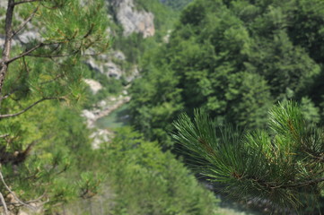 The bridge on the Tara River in Montenegro and the bridge connecting the two banks of the canyon. A stony bed of a clean river flowing through the valley along the road on a mountain slope.