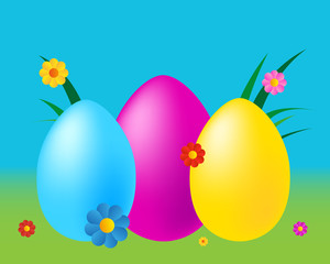 Easter flat illustration. Three easter eggs with grass and flowers on colorful background - Vector