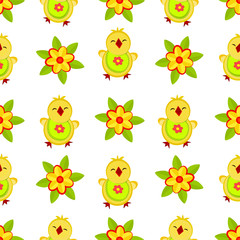 Seamless pattern with bright yellow chickens and flowers.