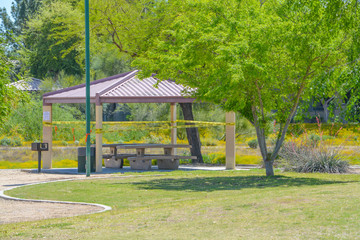 Picnic areas closed due to Coronavirus, Covid-19. Social distancing ordered by the Governor of Arizona, Glendale, Maricopa County, Arizona USA