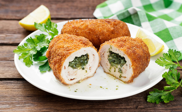 Breaded Chicken Kiev breast stuffed with butter, garlic and herbs. 