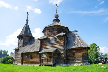 Suzdal, Russia - July 26, 2019: Museum of wooden architecture and peasant life. Resurrection Church...