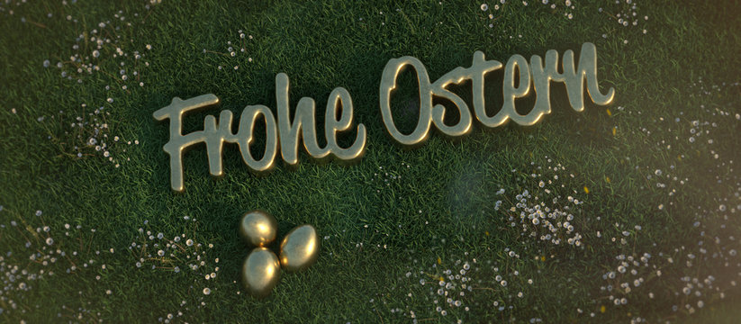 Frohe Ostern, Wiese mit G&auml;nsebl&uuml;mchen, goldener Schrift und 3 versteckten goldenen Eiern 