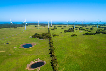 Grazelands and wind farm near the ocean. Tarwin Lower, Victoria, Australia