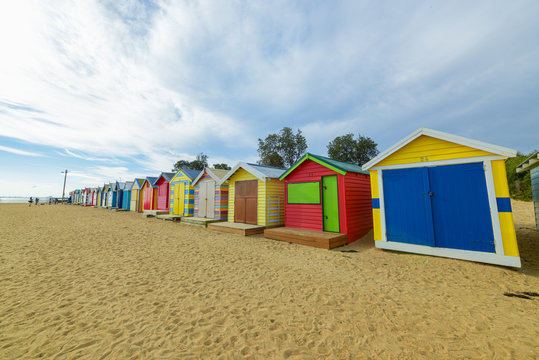 Boat shades on the Brighton beach, Melbourne. Full of colorful, inviting charm of this beach With tourists coming to take pictures