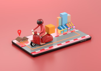 3d illustration The delivery staff ride an red motorbike on a mobile phone, on a red background from the shop to the house.