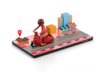 3d illustration The delivery staff ride an red motorbike on a mobile phone, on a white background from the shop to the house.