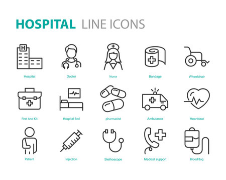 set of hospital icons, medical, health, treatment, cure