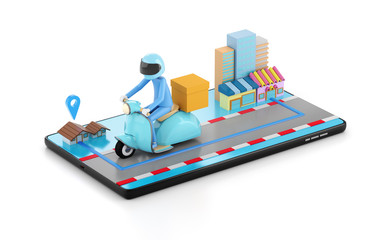 3d illustration The delivery staff ride an blue motorbike on a mobile phone, on a blue background from the shop to the house.