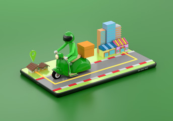 3d illustration The delivery staff ride an green motorbike on a mobile phone, on a green background from the shop to the house.