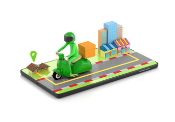 3d illustration The delivery staff ride an green motorbike on a mobile phone, on a white background from the shop to the house.