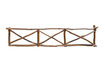 A wooden handmade fence from natural logs isolated on white background