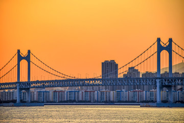 Gwangan Bridge and Haeundae at Sunset, Busan City, South Korea.