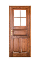 Wooden door with glazed window isolated on white background