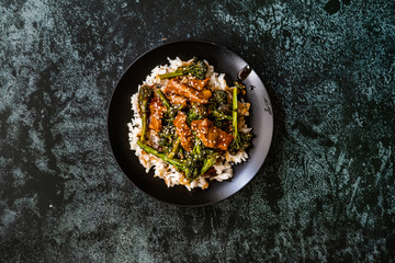 Delicious Asian Teriyaki Beef with Broccoli, Rice and Sesame Seeds.