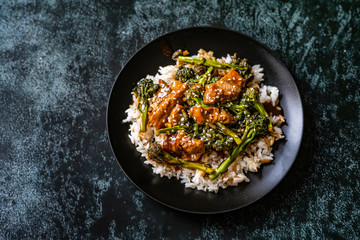 Delicious Asian Teriyaki Beef with Broccoli, Rice and Sesame Seeds.