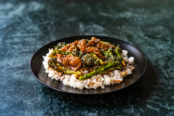 Delicious Asian Teriyaki Beef with Broccoli, Rice and Sesame Seeds.