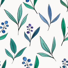 Fototapeta na wymiar flower seamless pattern, watercolor leaves and branches wallpaper, fabric, wrapping paper