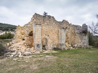 Fototapeta na wymiar Exterior of the Burgondo Chapel near the abandonded haunted village of Ochate, Treviño Country, Burgos, Spain