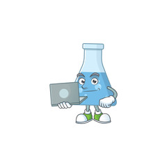 Diligent blue chemical bottle mascot design style working from home with laptop