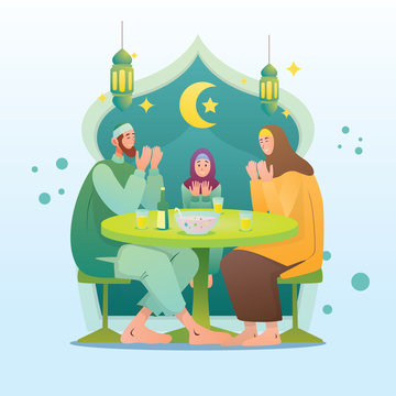 Muslim Family Pray Before Eating Vector Illustration