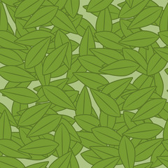seamless pattern of tea leaves on a green background. Vector image