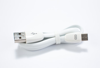 Guitar audio jack with black cable isolated on white background