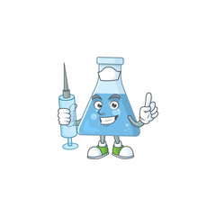 Friendly Nurse blue chemical bottle mascot design style using syringe