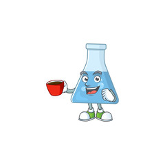 An image cartoon character of blue chemical bottle with a cup of coffee